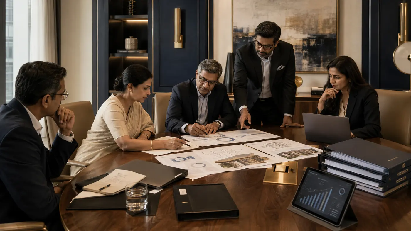 Corporate advisory team reviewing an acquisition opportunity